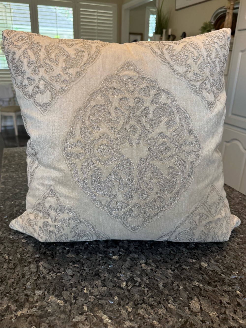 Z Gallerie silver and cream beaded damask accent pillow 22x22”